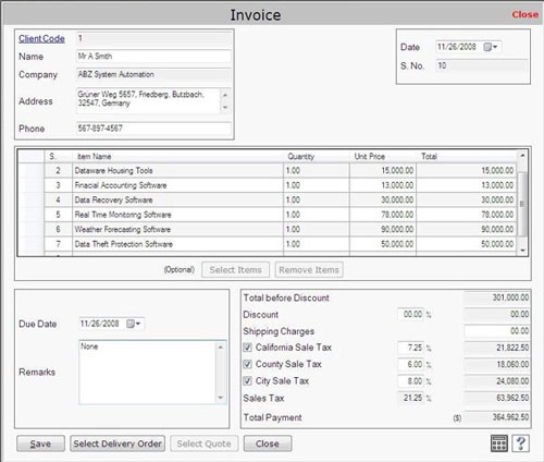 Invoice screen