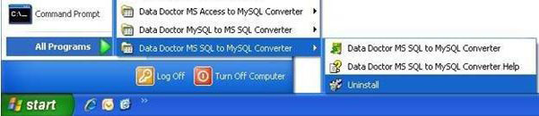 Uninstall MSSQL to MySQL Converter from Start Menu All Programs