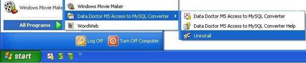 Uninstall MS Access to MySQL Converter from Start Menu All Programs
