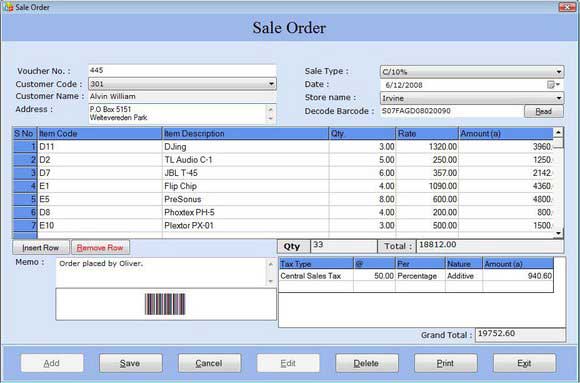 Screenshot of Barcode Enabled Accounting Software