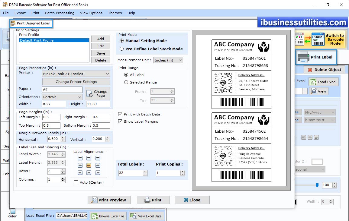 Print Settings Barcode Label Maker for Post Office and Bank
