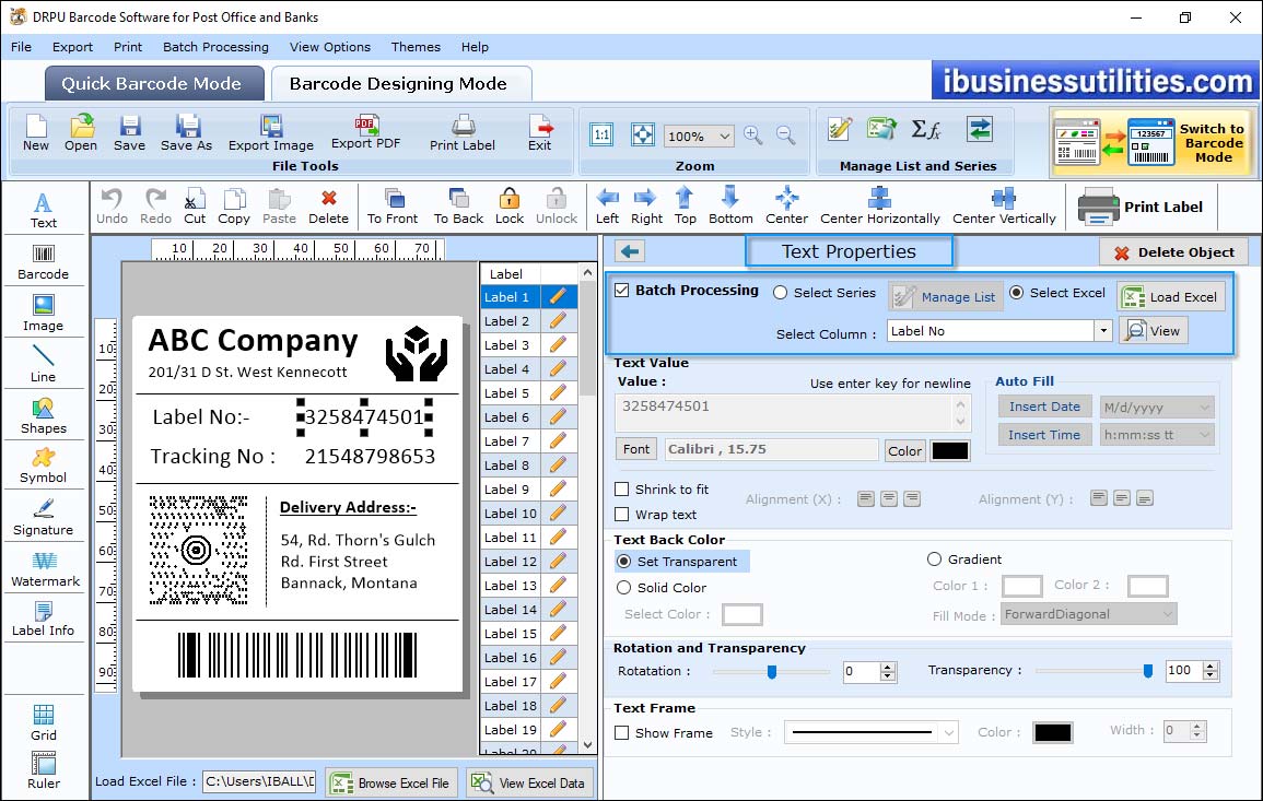 text Properties Barcode Label Maker for Post Office and Bank