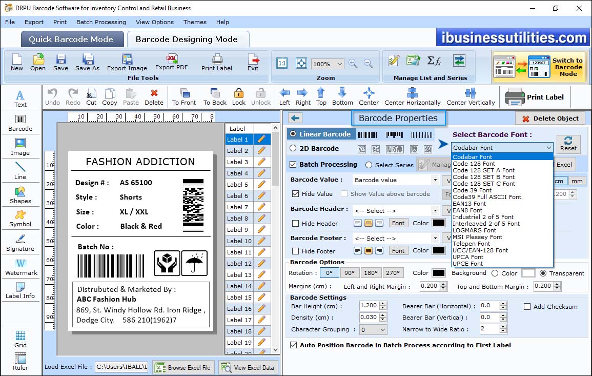 Font Settings Barcode Label Maker - Standard Edition